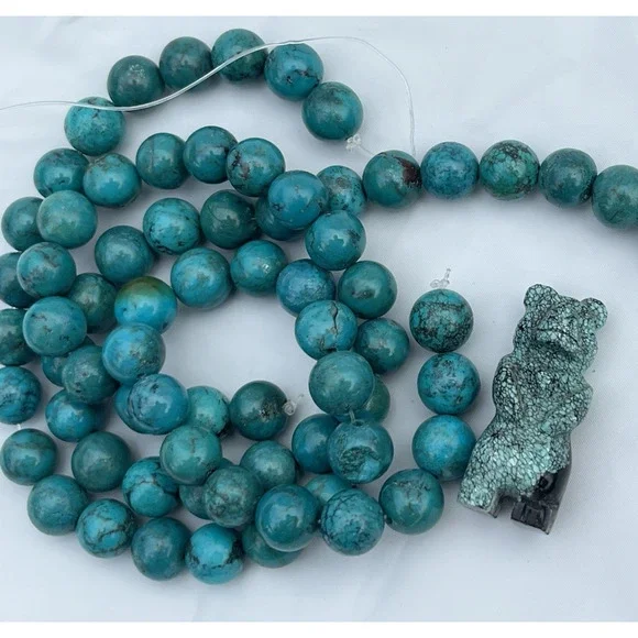 Natural Turquoise Smooth Round Beads 10mm 68 Beads + Zuni Carved Bear - Picture 3 of 12